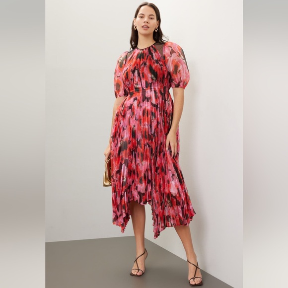 Bibhu Mohapatra Collective | Pleated Floral Dress | Red and Black | Size 6 - Picture 2 of 3